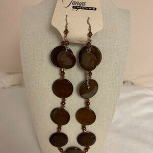 Tanya Jewelry Set Necklace and Earring Brown Faux Wooden Disc Retro Boho NWT